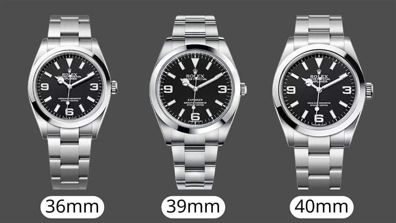 左起為表徑36mm的124270,表徑39mm的214270,以及表徑40mm的224270。 (ROLEX;01制圖) ROLEX Explorer 214270、124270、224270手表3款勞力士探一比較-復(fù)刻表