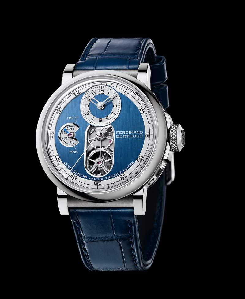 Chronomètre FB 2T精密時計系列，型號FB 2T.1（18K白金款搭配藍色緞面表盤）（圖片來源：Chronométrie Ferdinand Berthoud）